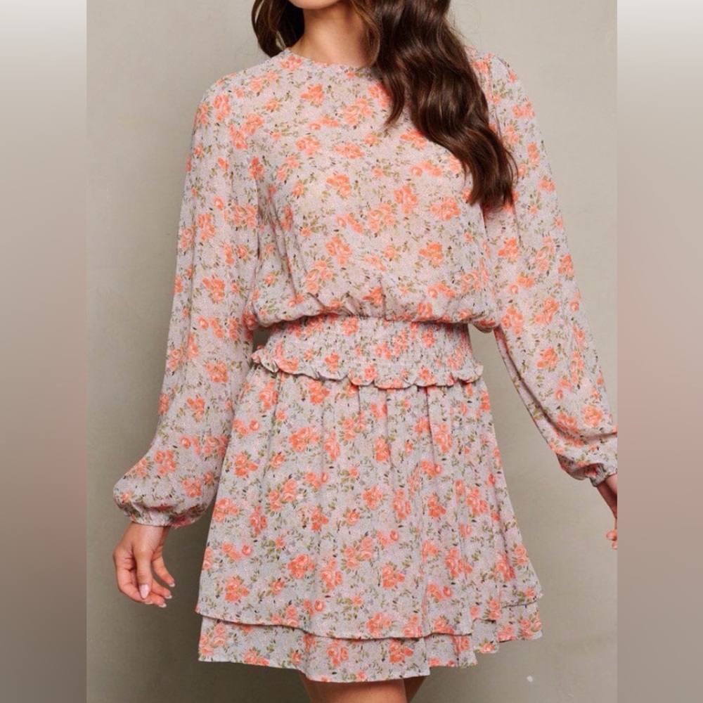 Floral Print Long Sleeve Smock Waist Dress